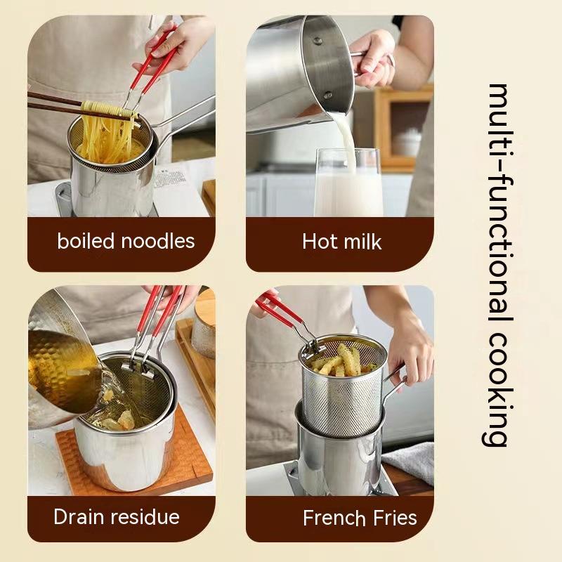 【All-in-One Japanese Style】304 Stainless Steel Mini Deep Fryer Set (Includes Strainer & Tongs)