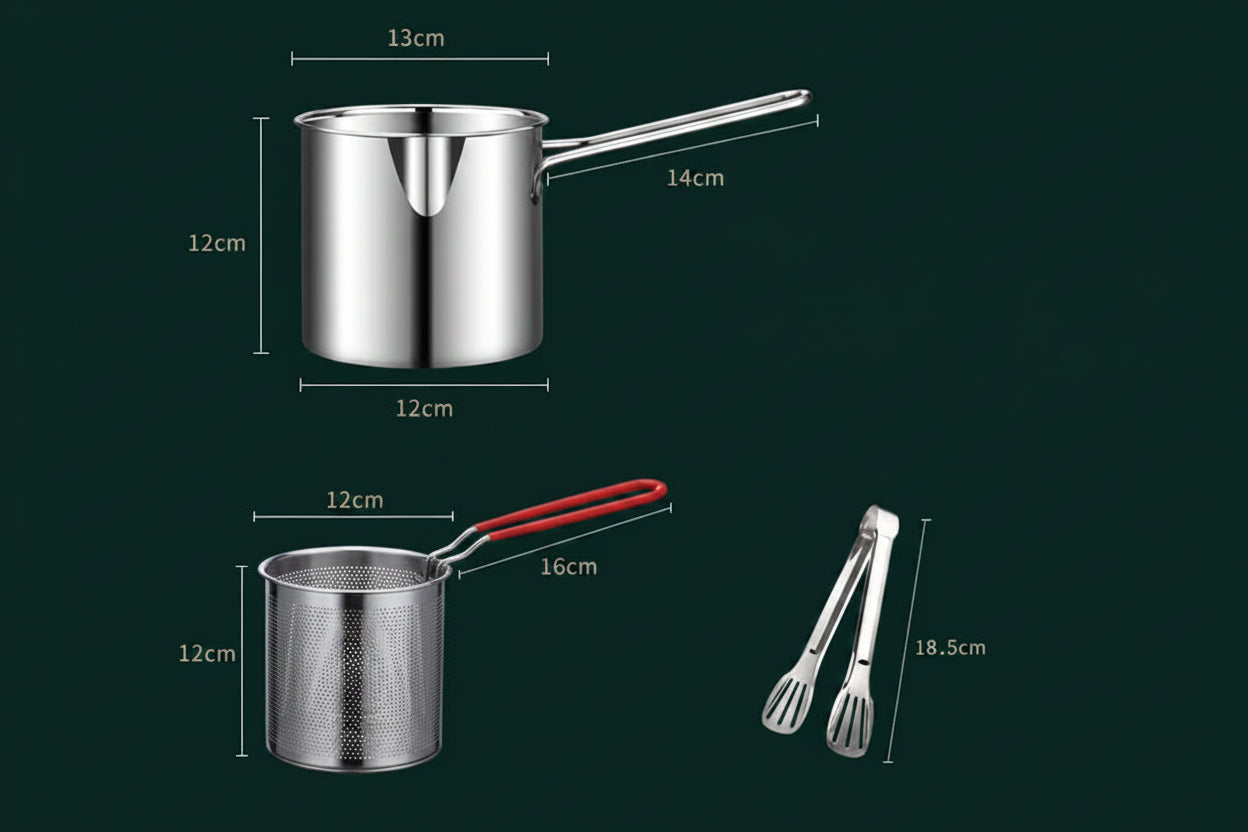 【All-in-One Japanese Style】304 Stainless Steel Mini Deep Fryer Set (Includes Strainer & Tongs)