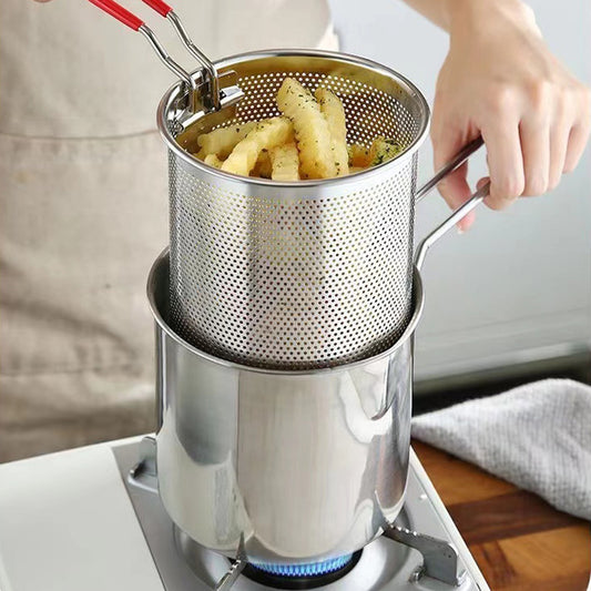 【All-in-One Japanese Style】304 Stainless Steel Mini Deep Fryer Set (Includes Strainer & Tongs)